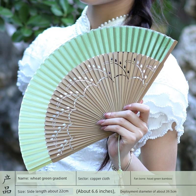 Vintage-Style Portable Green Folding Fan for Women, Suitable for Hanfu, Cheongsam, Classical Dance, and Summer Use