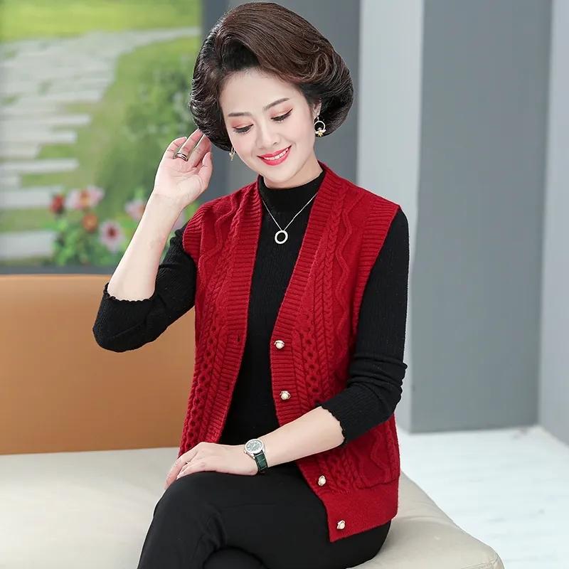 

Весна-осінь Жіночий в язаний светр з V-подібним вирізом і пальто Модна однотонна бабуська куртка без рукавів Жіночий жилет S червоний