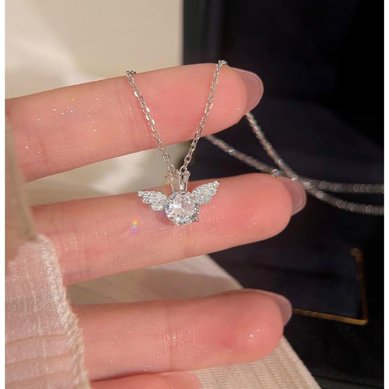 925 Sterling Silver Crown Angel Wing Pendant Necklace for Women , Rhinestone - Encrusted Fairy Princess Jewelry