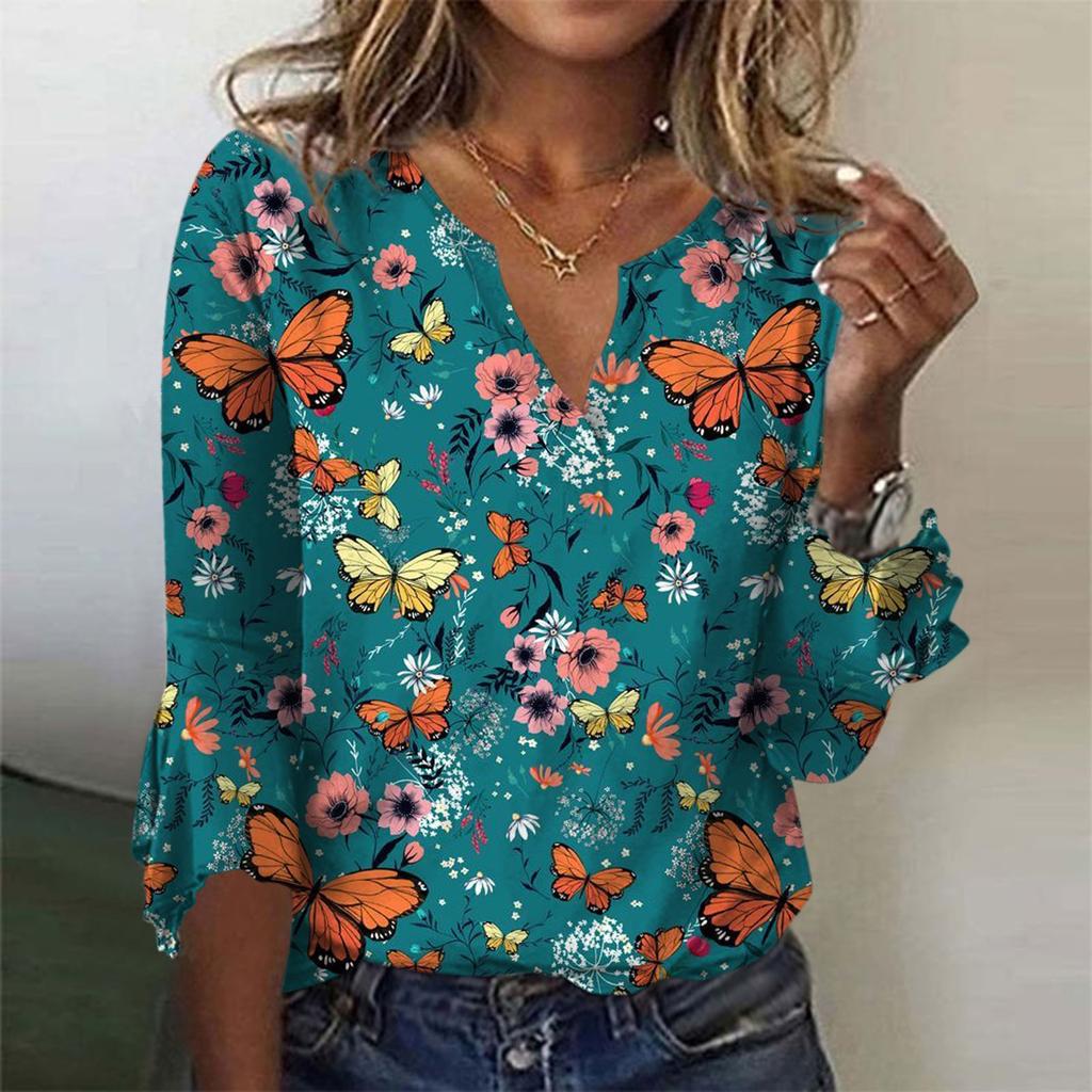 Women's Top Loose Casual V-neck Printed Blouses Bell 3/4 Sleeve T-shirt