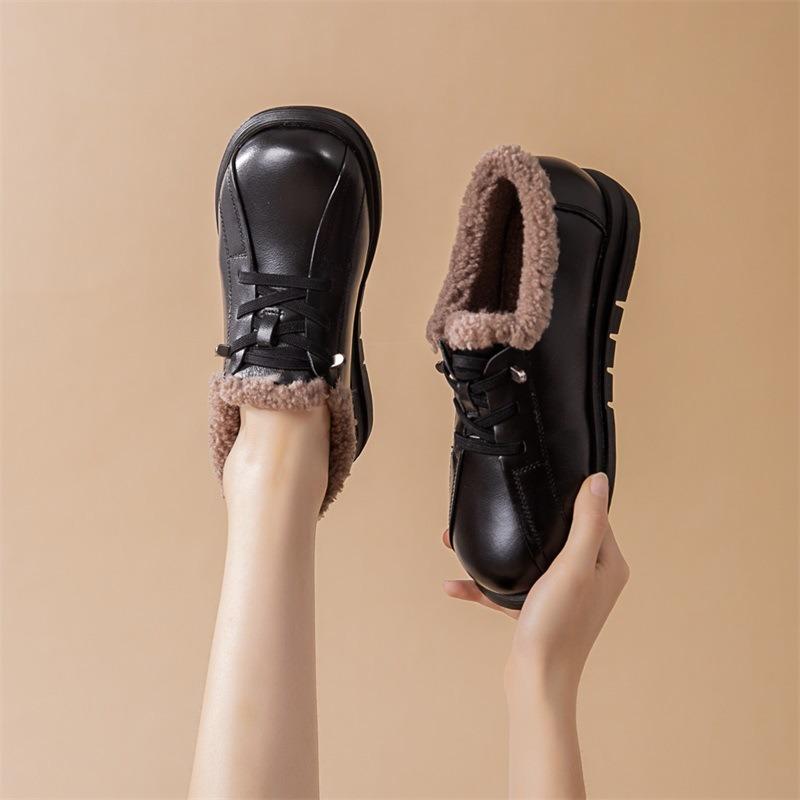 Winter New Wool Warm Mother Cotton Shoes Flat Bottom Non-slip Deep Mouth Wear Single Shoes Women's Middle-aged and Old Casual Mao Mao Shoes