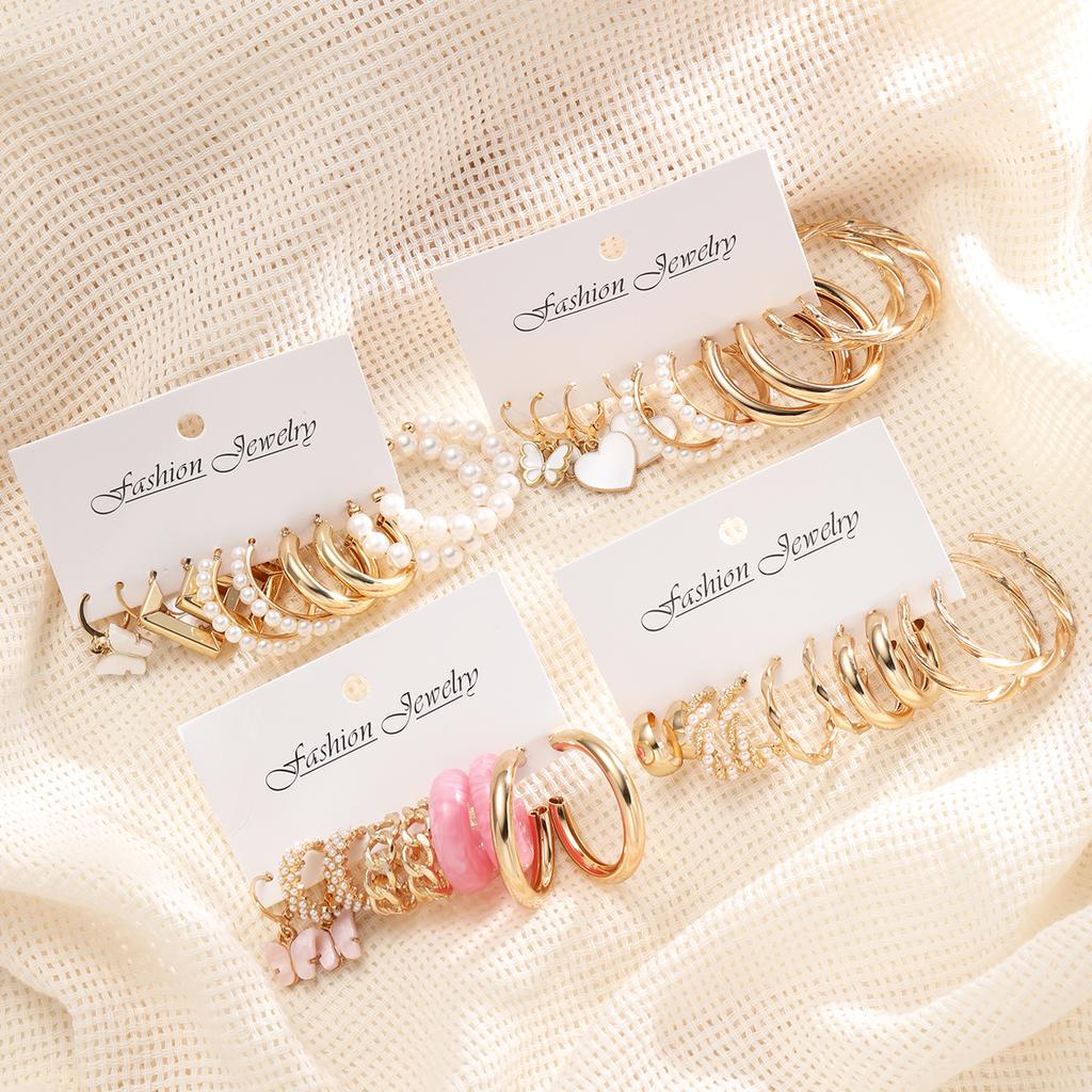 New European and American Earring Set for Women Gold Color Minimalist Big Circle Butterfly Heart Pearl Earrings Jewelry Gifts