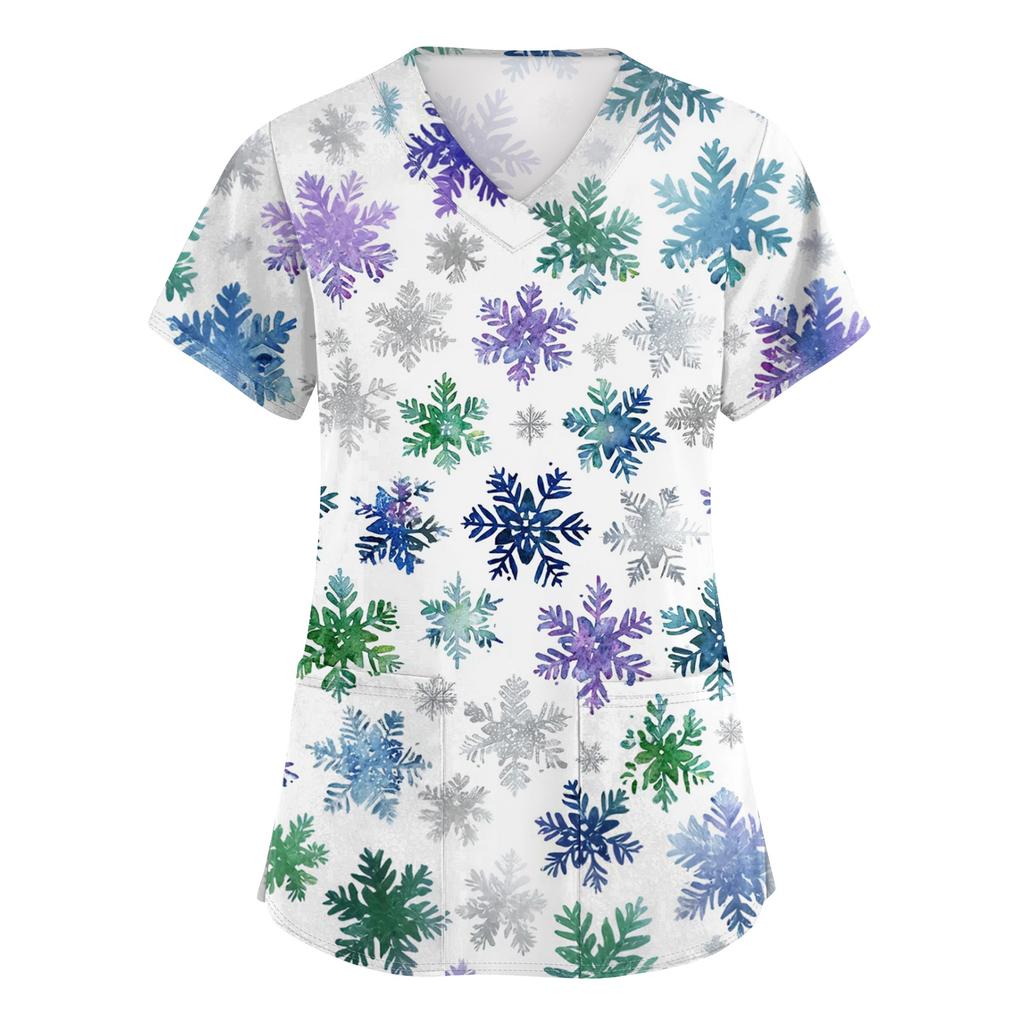 Women's V-neck Christmas printed short-sleeved pocket side-slit protective suit top