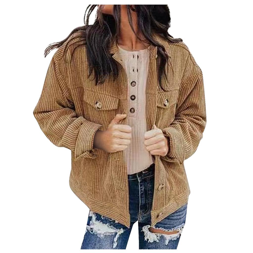 Women's  And Winter Loose Corduroy Lapel Double Pockets Long-Sleeved Shirt Jacket
