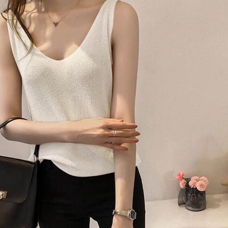 Korean Elegant Shiny Silk V-Neck Sleeveless Versatile Casual Knitted Vest For Women