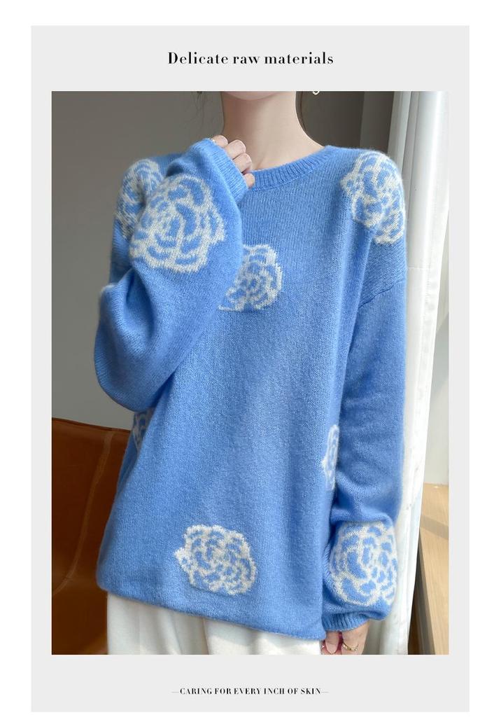 High-End Camellia Cashmere Silk Sweater - Women's Autumn/Winter, Slimming and Elegant.