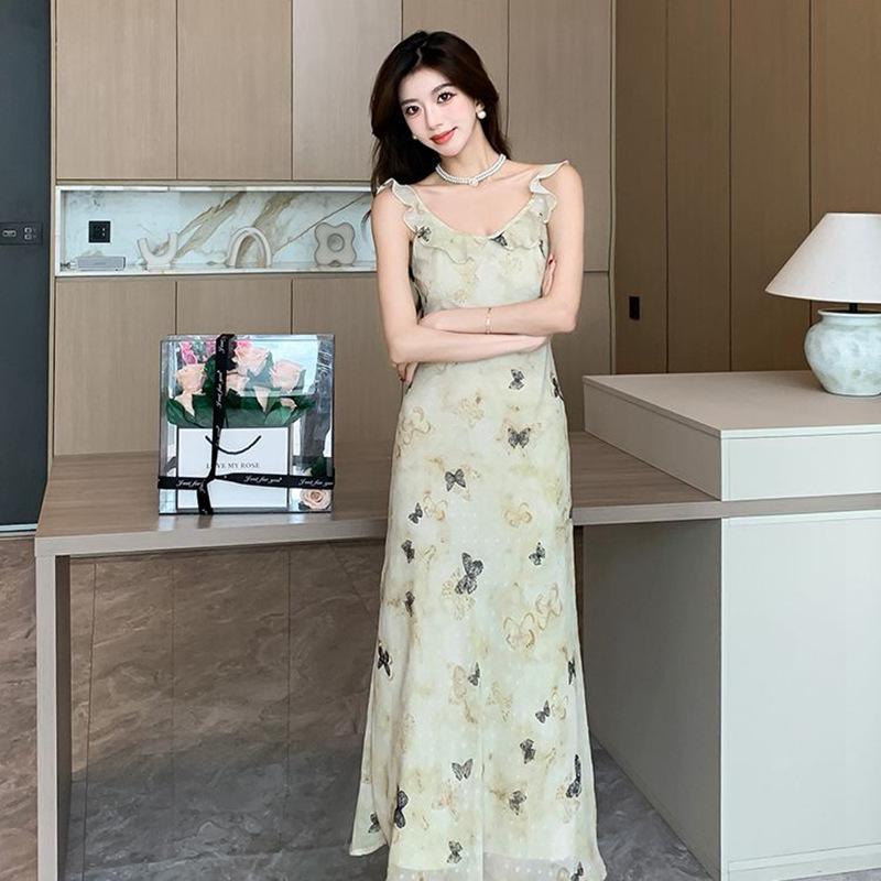 Women's Summer Butterfly Print Ruffle V-Neck Spaghetti Strap Waist-Cinched A-Line Dress