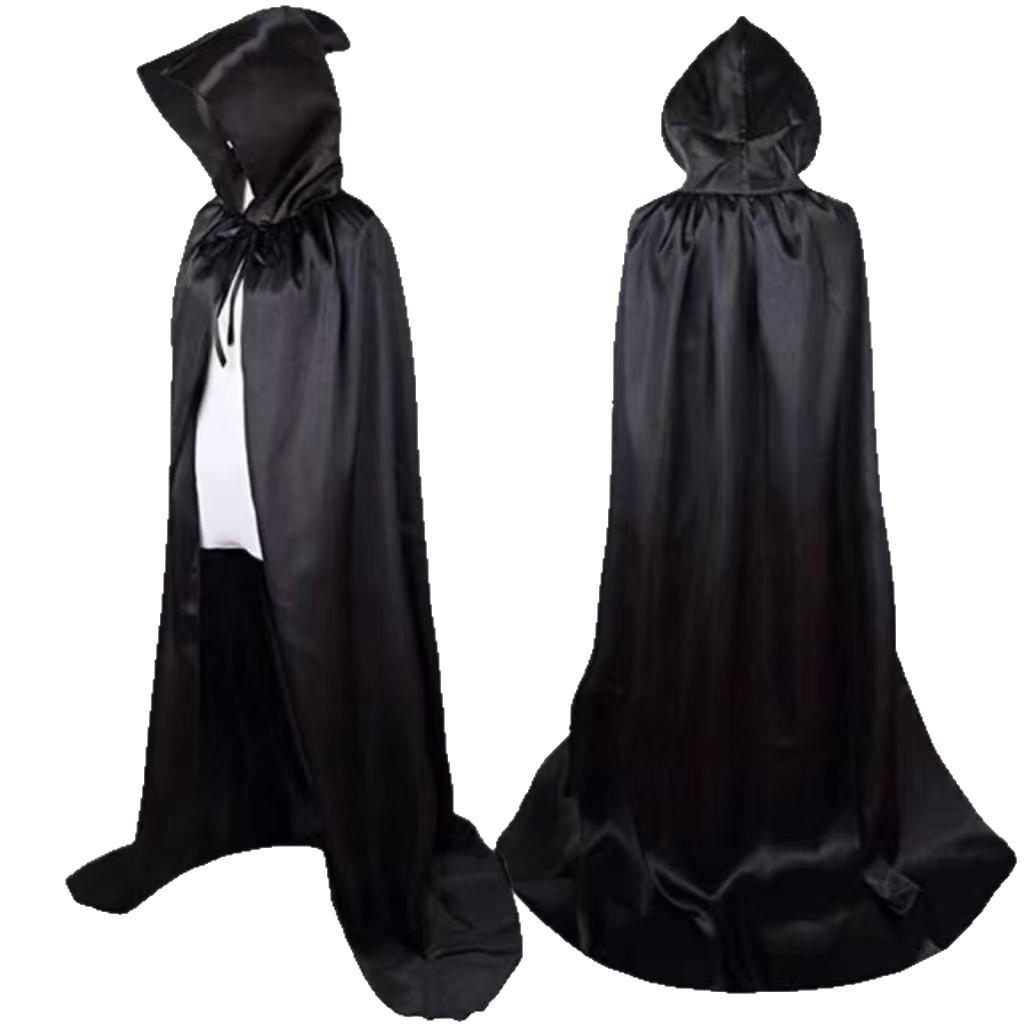 Halloween Black Satin Grim Reaper Vampire Cloak Costume for Adults & Kids