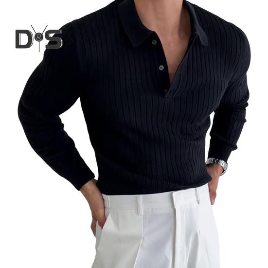 

Мужской топ весна-осень с отложным воротником на пуговицах в полоску, трикотажная рубашка с длинными рукавами, однотонная, облегающая, пуловер, повседневная одежда для свиданий M чёрный