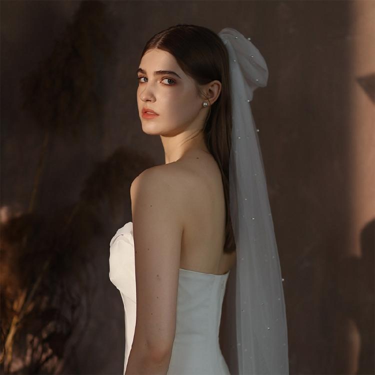 Flower Girl Veil Pearls Bow Hair Wedding Headpeice White Sheer Head Covering