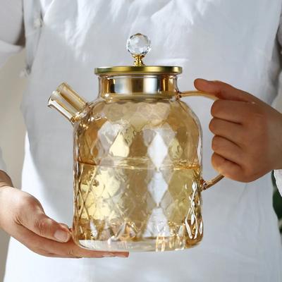 Glass Tea Kettle With Bamboo Lid And Removable Filter Spout Champagne Teapot For Loose Leaf Blooming Tea And Fruit Tea 1/1.8L