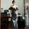 Royal Sister Style Spice Girl Sexy One-word Shoulder Tube Top Hip Long Dress French Beautiful Unique Polka Dot Dress Summer
