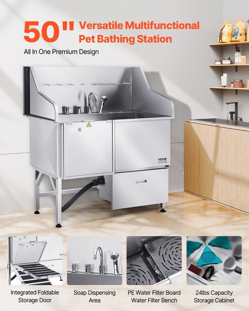 127 cm Dog Grooming Bath Tub Stainless Steel w Ramp Faucet Left Door