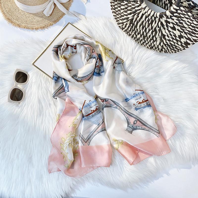 Women Scarf Fashion Sweet Printed Sunscreen Shawl Satin Mid-length Silky Scarf