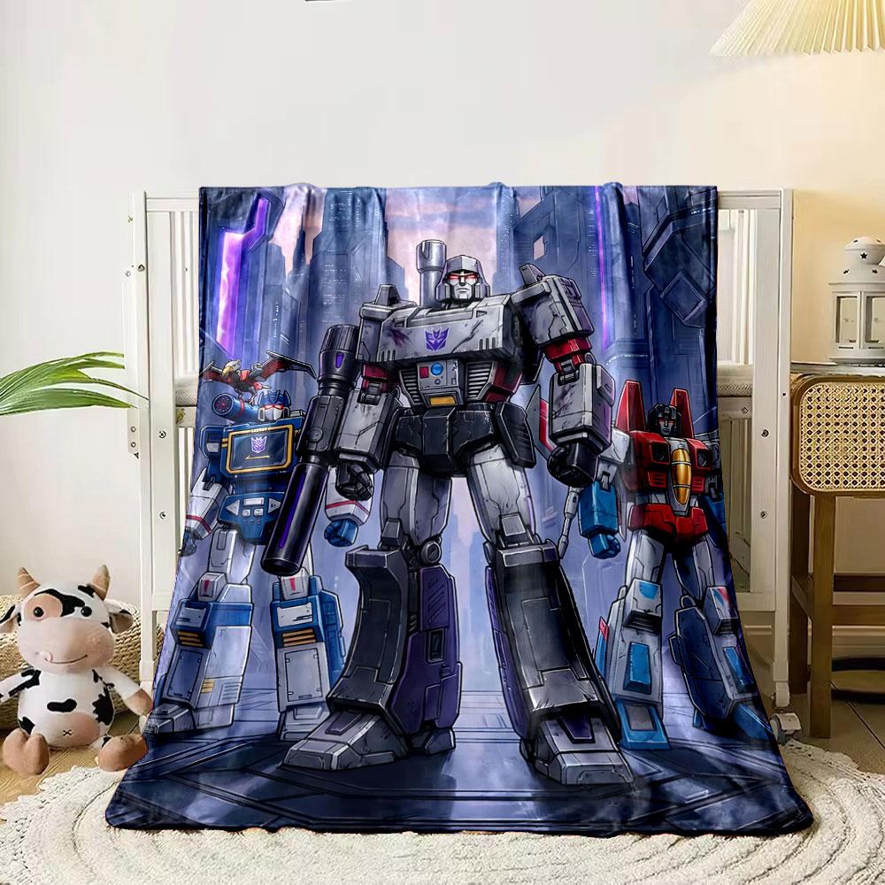 Robotic characters in a futuristic cityscape with glowing purple lights. for all seasons blanket lunch break throw gift 80cm x 120cm