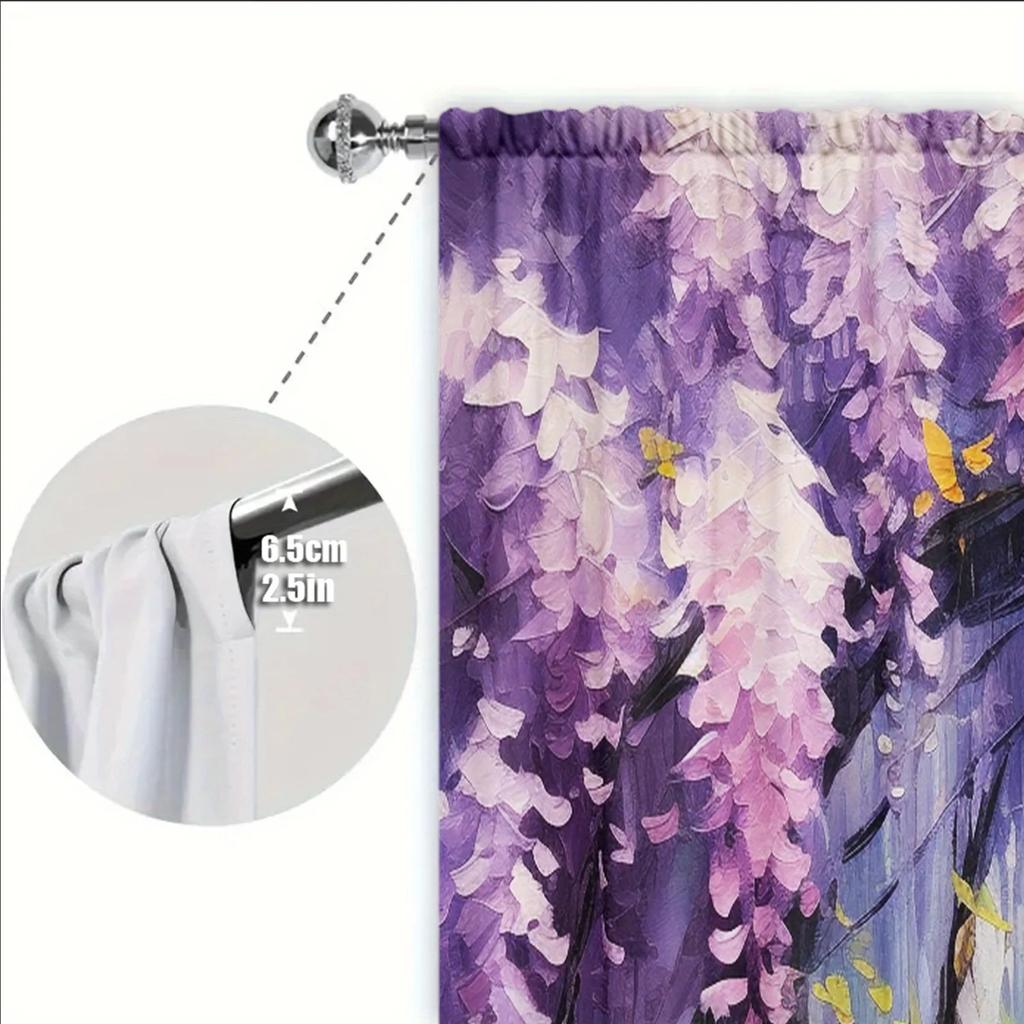 2 Stück Ölgemälde von Glyzinienblüten Bedruckter Vorhang für Heimdekoration - Stangentasche Fensterdekoration für Schlafzimmer, Büro, Küche