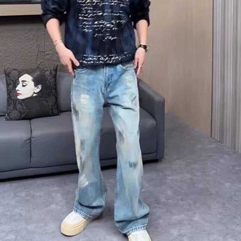 Autumn American retro washed cat whisker jeans men's and women's straight versatile neutral style wide-leg pants