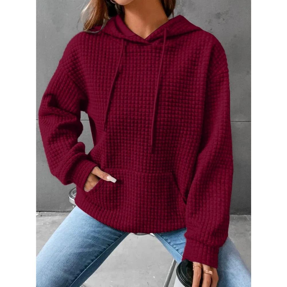 

Жіноча толстовка з капюшоном Весняно-осінній стиль Вафельна мода Гарний однотонний вільний світшот з капюшоном і шнурками 3XL