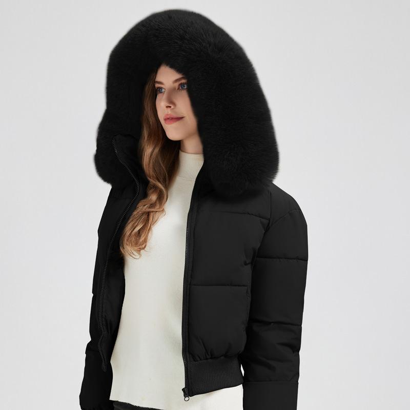 Winter fur collar hooded waist thickened short down cotton clothes for women