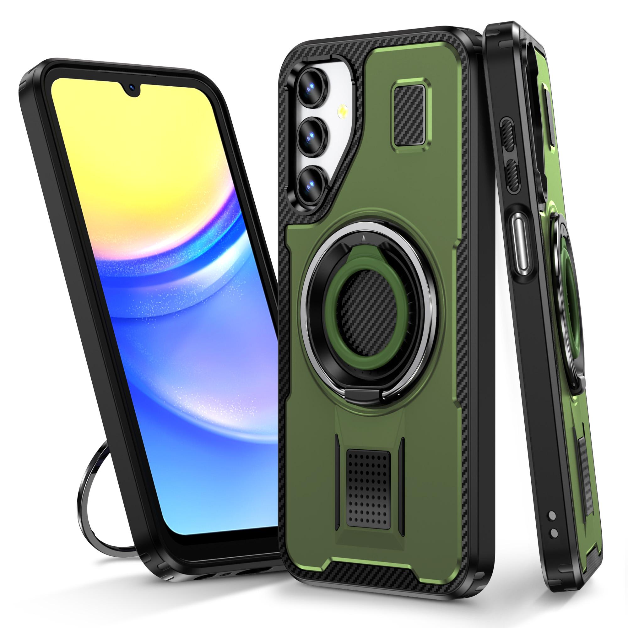 

For Samsung Galaxy A15 4G/5G Case TPU+PC Kickstand Phone Cover with Silicone Finger Strap Army Green