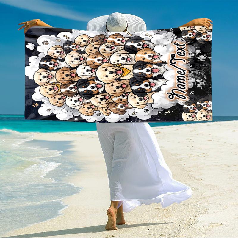 1PC Custom Name Puppies Clouds Beach Towel Highly Absorbent And Sand-Resistant Towel for Swimming, Pool, Yoga, And Travel Lightweight