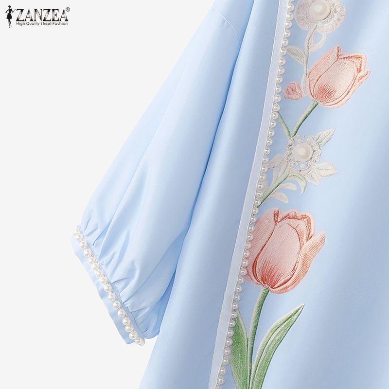 ZANZEA Damska casualowa bluzka z okrągłym dekoltem, kwiatowym wzorem, luźna, z rękawem 3/4