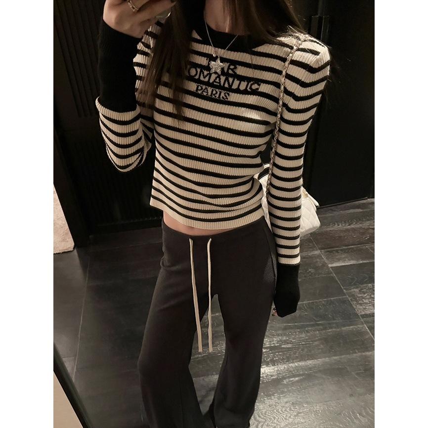 Striped Contrasting Color Slim-fit Short Knitted Sweater Women's Autumn and Winter New Inner Long-sleeved Bottoming Design Slim-fit Top