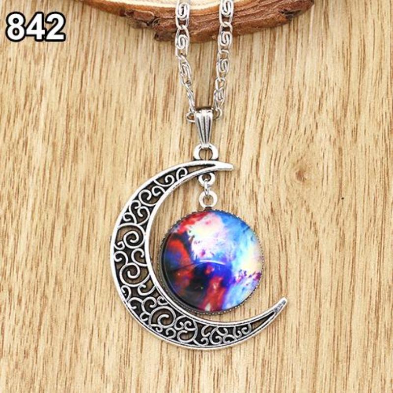 Women Fashion Galactic Glass Alloy Chain Crescent Moon Pendant Necklace