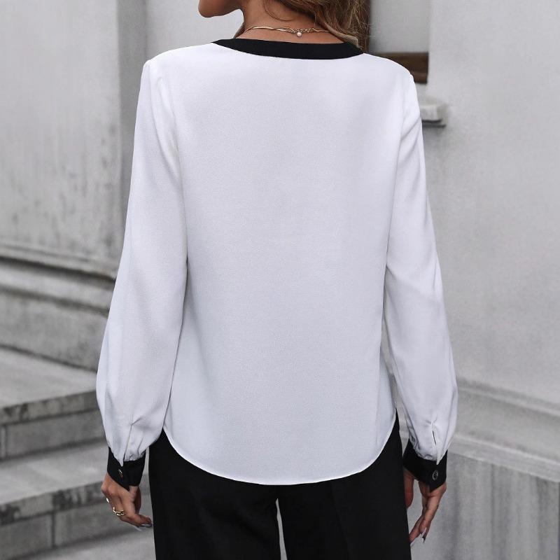 Womens V Neck Long Sleeve Contrast Color Blouse