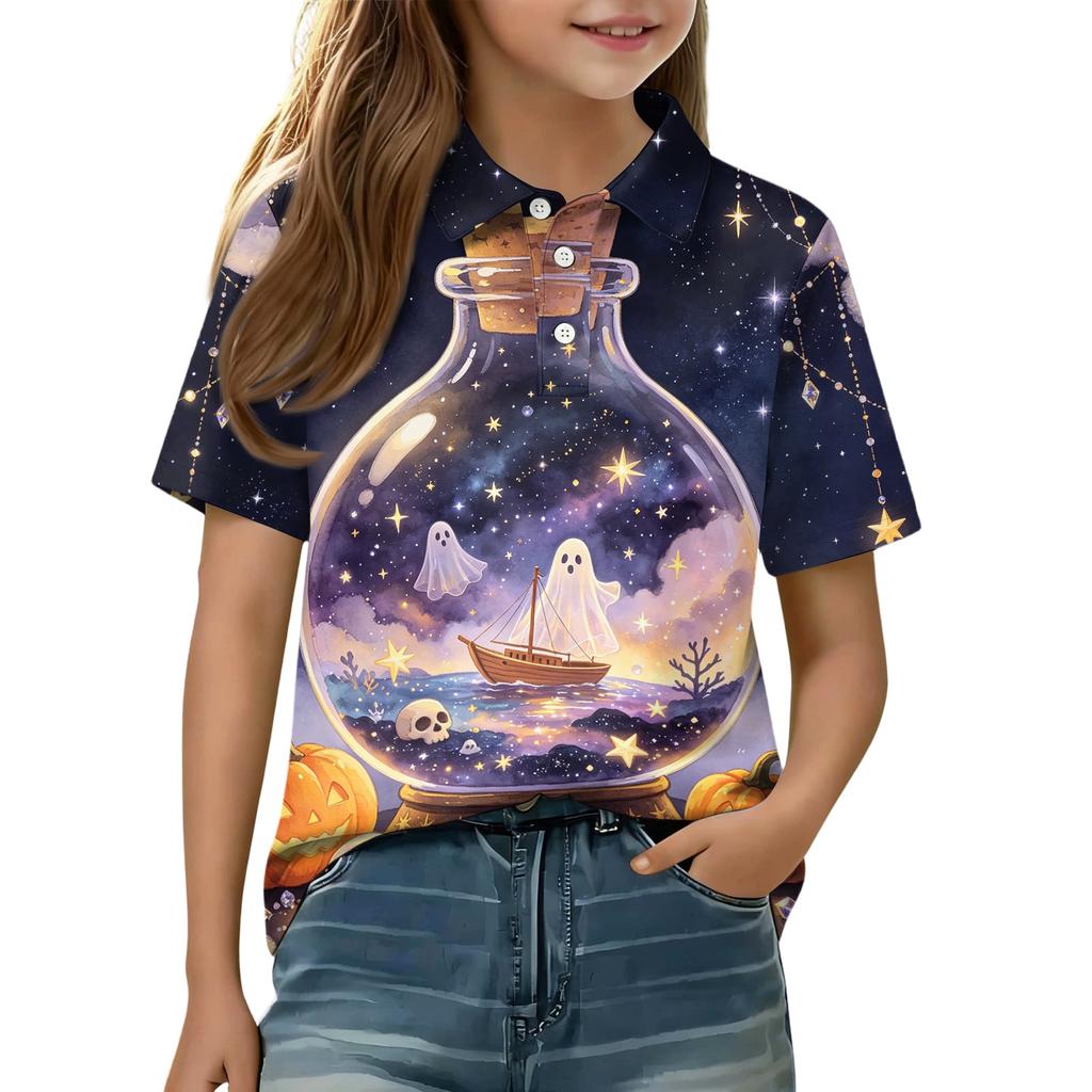 Kids Halloween Print Polo Shirt Short Sleeve Casual Top with Button Collar for Boys and Girls Comfortable Fit Lightweight Fabric