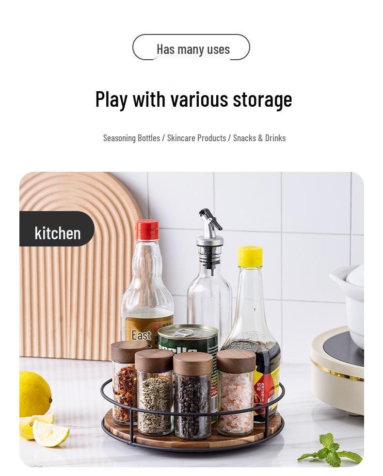 Solid Wood & Steel Rotating Organizer Tray for Spices & Makeup