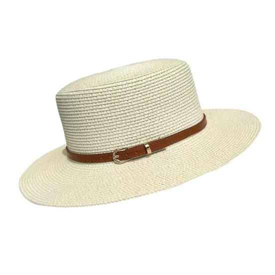 Straw Hat Wide Brim Flat Faux Leather Strap Top Design Metal Buckle Decor Sun Hat Beach