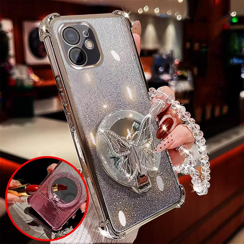 Mirror Butterfly Folding Stand Bracelet Phone Case For Samsung A56 A36 A26 A16 A06 S25 FE S24 Ultra S23 FE Plus Shockproof Cover