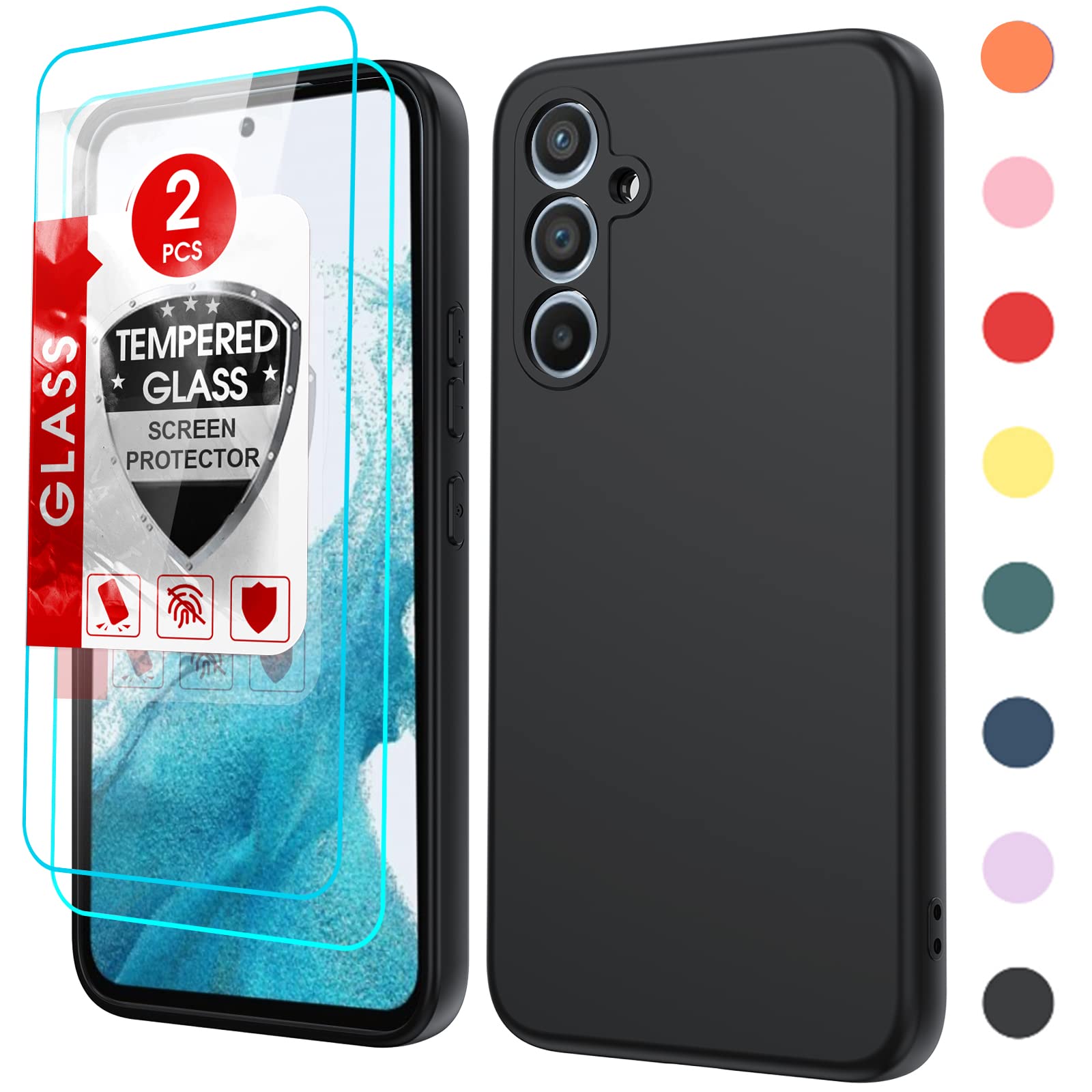 

Чехол для Galaxy A54 5G с 2 шт. Защитная пленка из закаленного стекла, жидкий силикон, мягкая подкладка из микрофибры, чехол для Samsung Galaxy A55 A53 A52S A51 A50 For Samsung Galaxy A54 5G чёрный