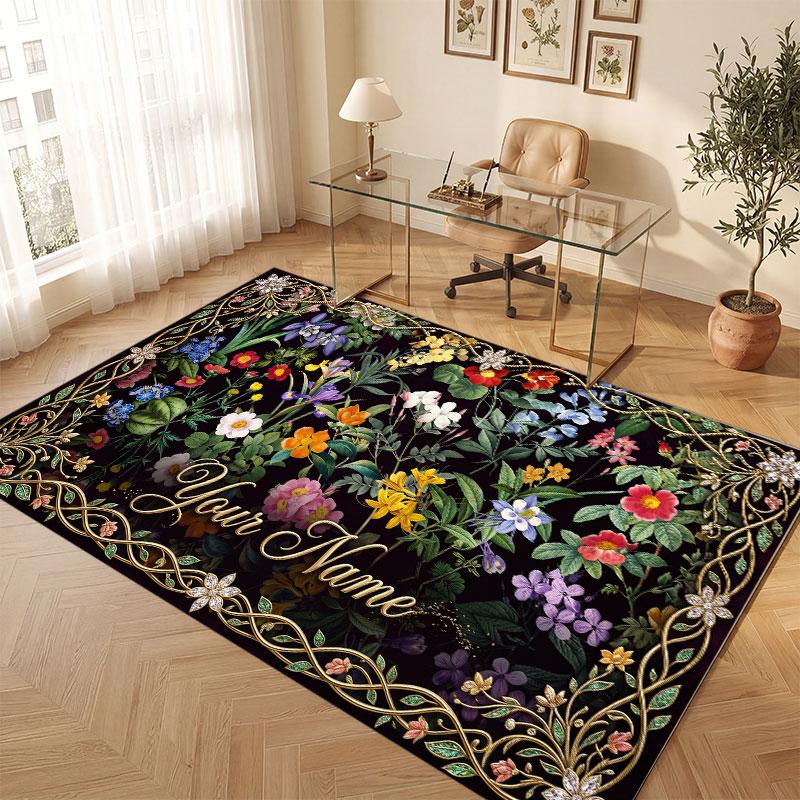 Floral Garden Theme Crystal Velvet Floor Rug Personalized Custom Name Text Warm Carpet Home Decoration