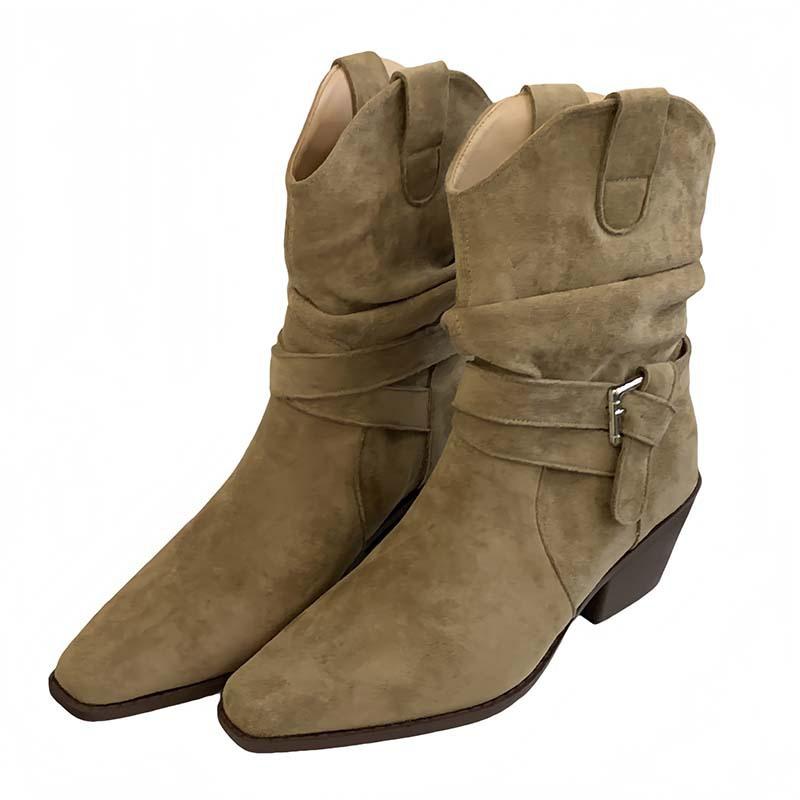 Cowhide version~ retro suede V-mouth western cowboy boots women's high-heeled pointed mid-tube boots belt buckle stacking boots