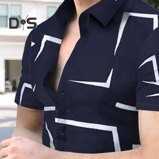 Summer Men Shirt Geometric Printing Single-breasted Short Sleeves Slim Fit Top Turn-down Collar Mid Length Contrast Color Shirt