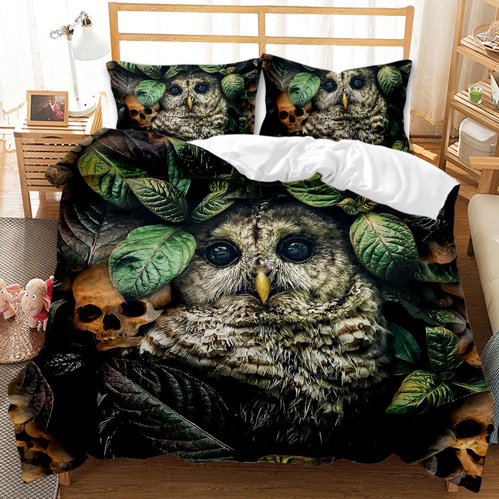 Cartoon Owl Child Duvet Cover Set,Mysterious Forest Retro Boho Design Bedding Set With 2 Pillow Shams, Queen/King/Full/Twin Size