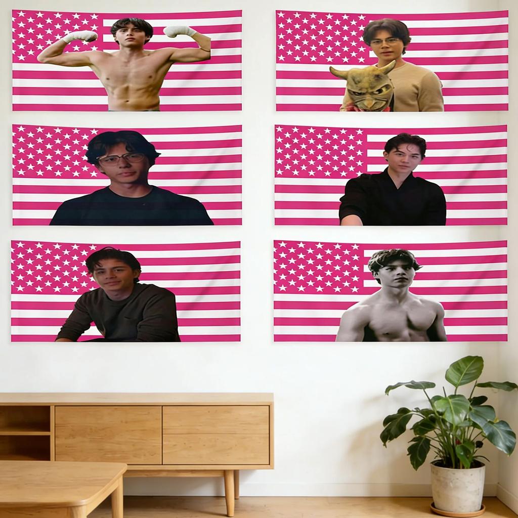 JJacob EElordi Fan Art Pink USA Flag Tapestry Multiple Character Portrait Print Perfect Gift For Fans Ideal For Dorm Bedroom