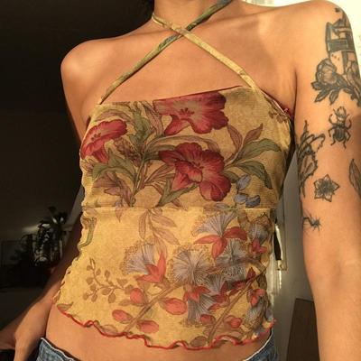 Y2K Mesh Sheer Floral T-shirt Vintage Neckholder Tops Frauen Ärmelloses Slim Fit Crop Top Harajuku Streetwear