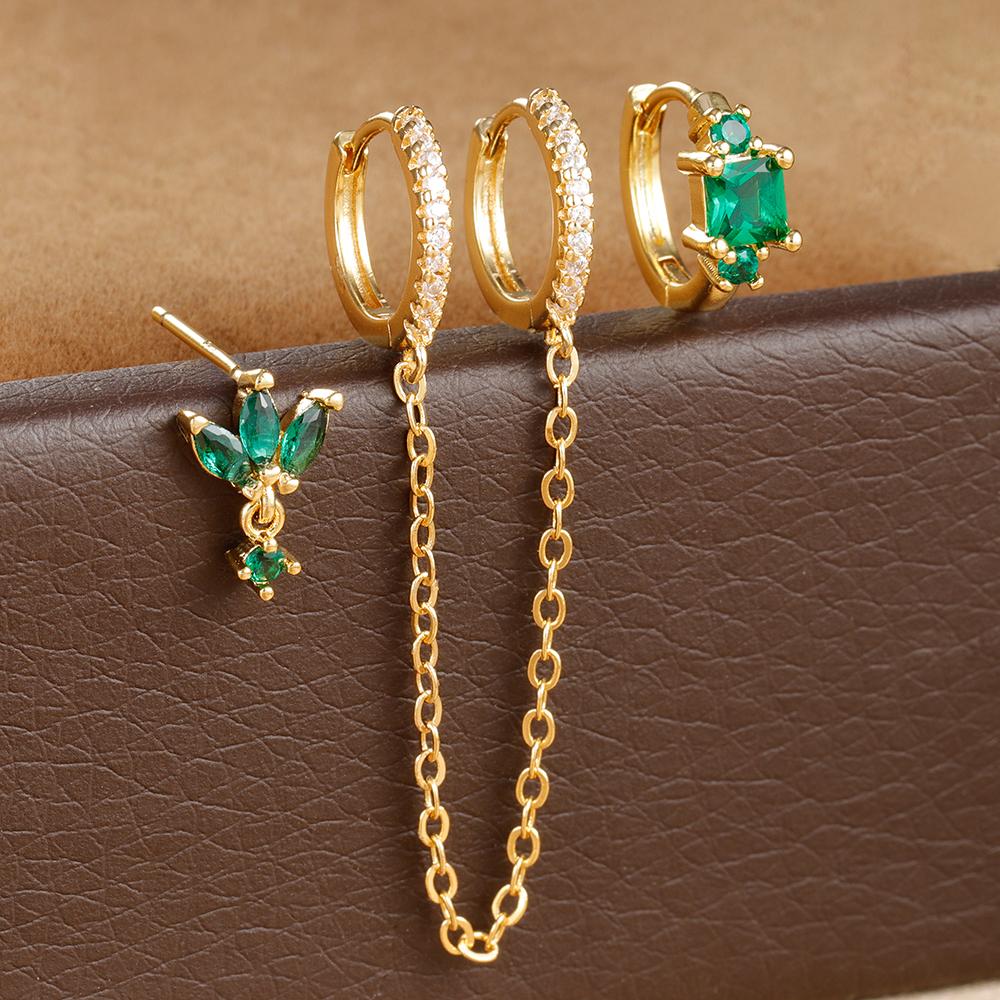 3PCS Stainless Steel Long Chain Two Hole Piercing Earrings Set for Women Tassel Horse Eye Zircon Small Hoop Earrings Jewelry