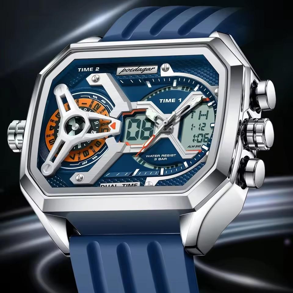Luxury Men Wristwatch Date Week Luminous LED Quartz Man Clock Silicone Strap Electronic Dual Time Fashion Men's Watches