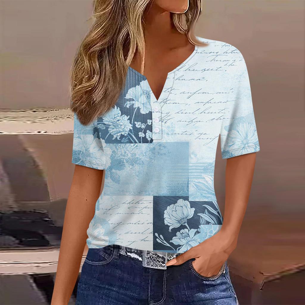 T-shirt da Donna Maglietta Stampata Bottoni Manica Corta Tunica Moda Quotidiana Weekend Base Scollo a V Top Regolare