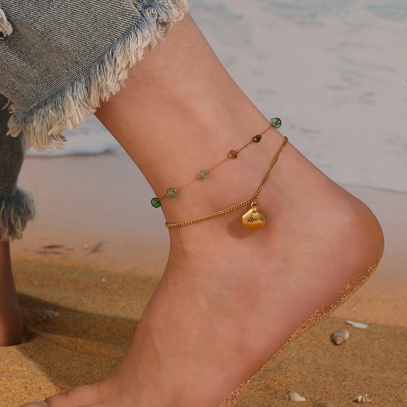 Gold Plated Layered Shell Anklet, Dainty Green Stone Beaded Foot Bracelet with Seashell Charm, Boho Beach Jewelry for Women Gift