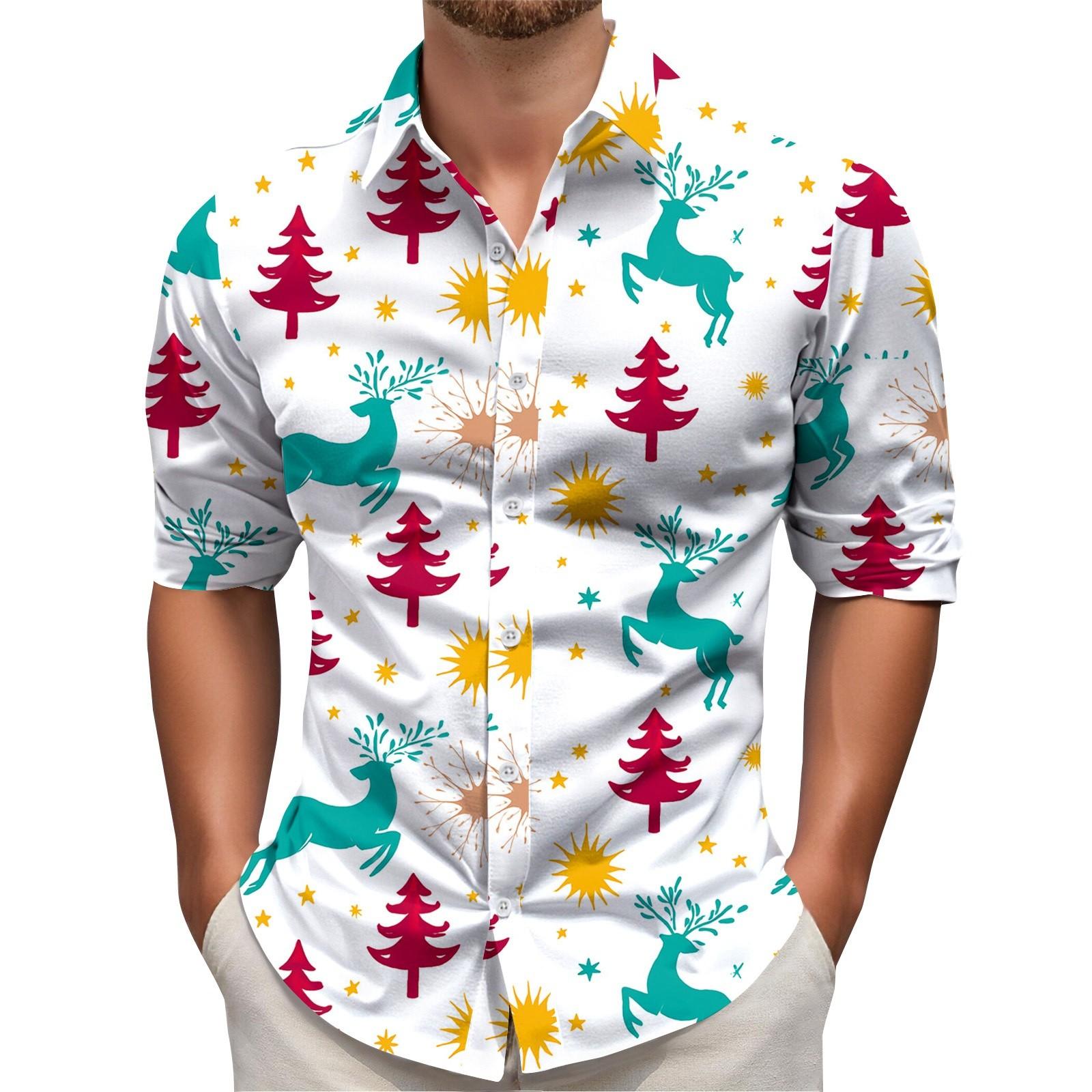 

Men s Christmas Shirt Christmas Print Long Sleeve Button Shirt L білий