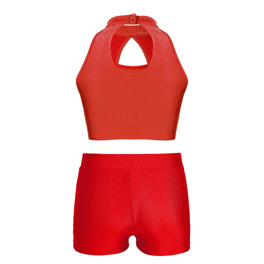 Kids Sleeveless Sequin Patchwork Top Hollow Front Keyhole Back V Waistband Shorts for Dance Competitions Gymnastics Practice
