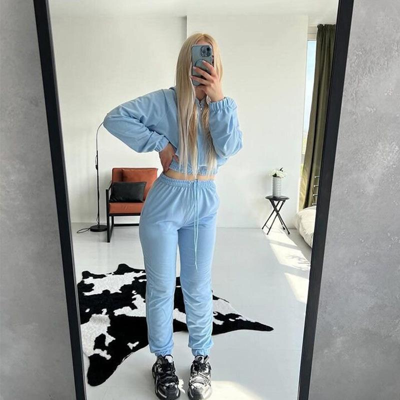 European and American Sports Women's Suit, Zipper Cardigan, Solid Color Top, Long Lace-up Casual Pants Two-piece Set