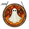 Sunproof Courtyard Decorations Halloween Stained Glass Suncatcher Ornament, Vintage Hanging Window Decor with Pumpkin Ghost Bat Witch Retro Dark Style