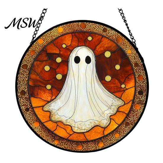 Sunproof Courtyard Decorations Halloween Stained Glass Suncatcher Ornament, Vintage Hanging Window Decor with Pumpkin Ghost Bat Witch Retro Dark Style