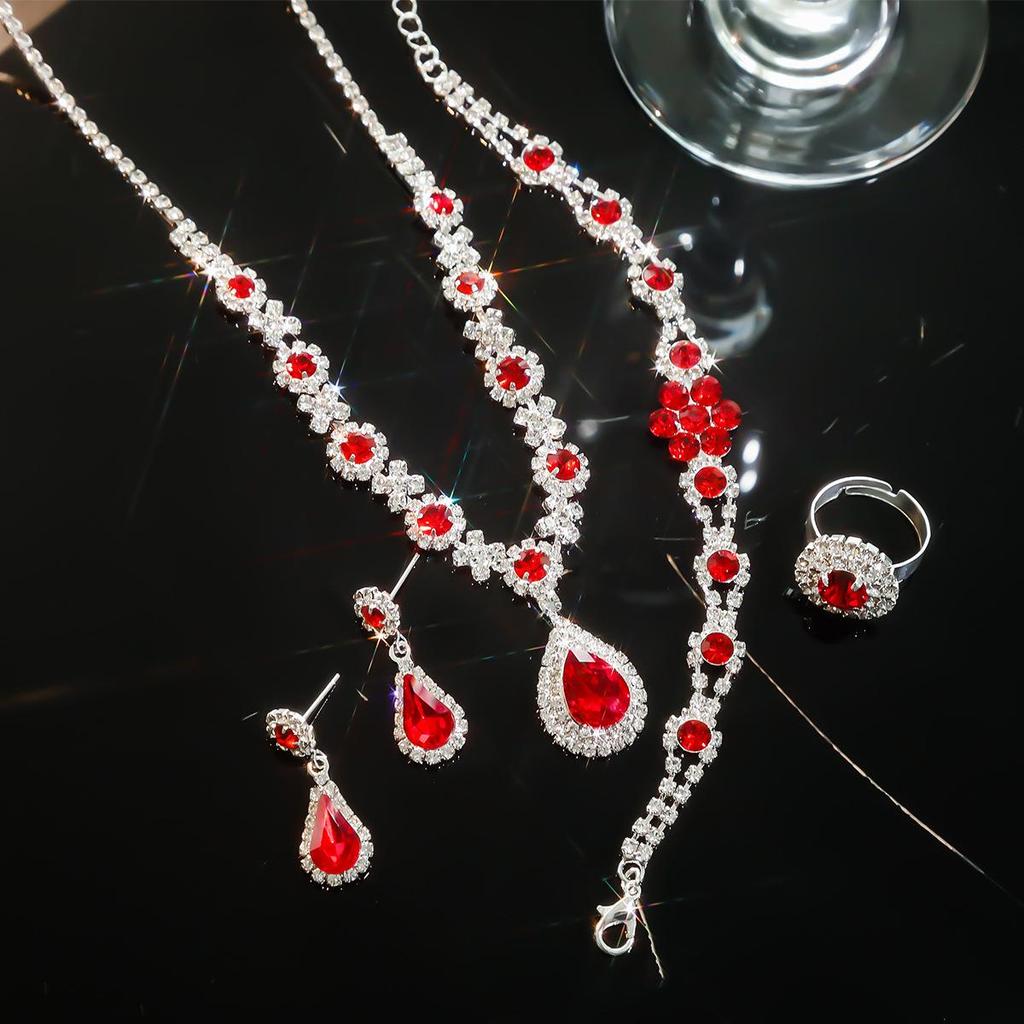 European & American Multi-Color Rhinestone Jewelry Set: Green, Blue & Red Necklace, Earrings, Bracelet & Ring